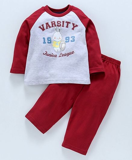 Zero Full Sleeves Raglan Tee & Lounge Pant Varsity Print - Red
