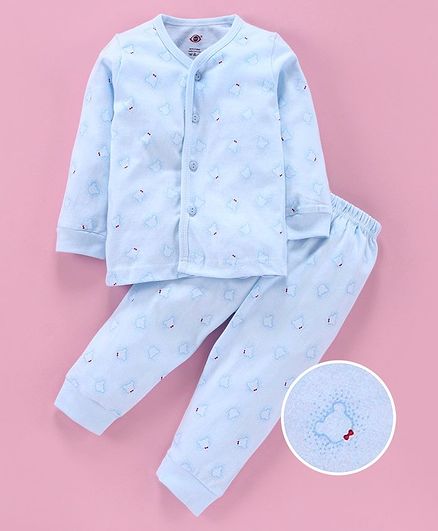 Zero Full Sleeves Night Suit Bear Print - Blue