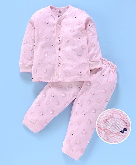 Zero Full Sleeves Night Suit Bear Print - Peach