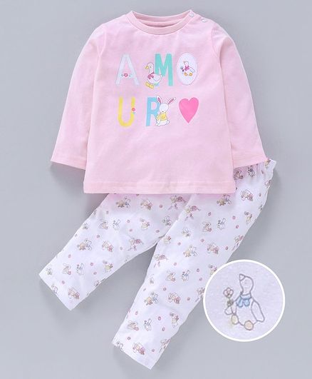 Zero Full Sleeves Night Wear Duck Print - Pink White