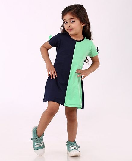 Babyhug Half Sleeves Frock - Green Navy Blue