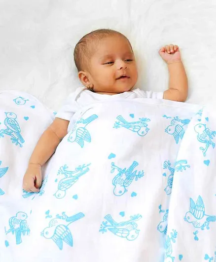 Kaarpas Premium Organic Cotton Muslin 2 Layered Blanket Animal Theme Sparrow - Blue White
