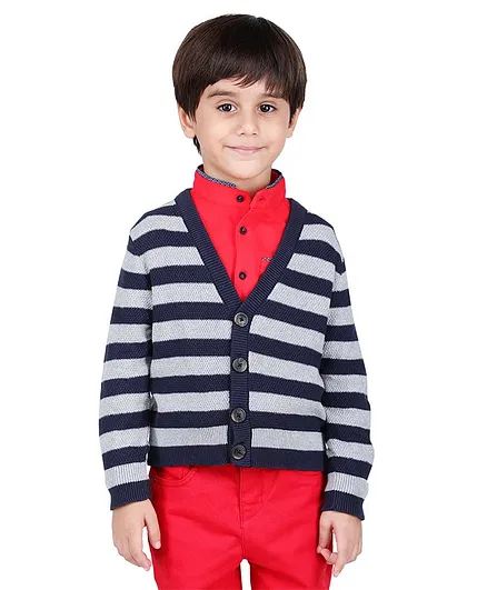 One Friday Striped Pattern Full Sleeves Sweater - Blue