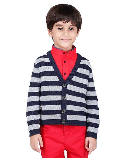 One Friday Striped Pattern Full Sleeves Sweater - Blue
