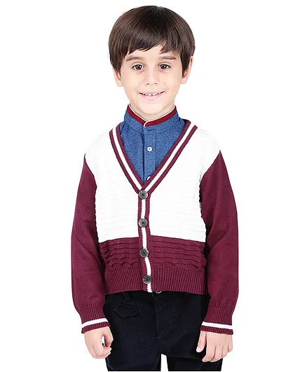 One Friday Dual Shaded Front Button Full Sleeves Sweater - Maroon & White
