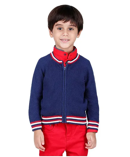 One Friday Front Zip Full Sleeves Sweater - Blue