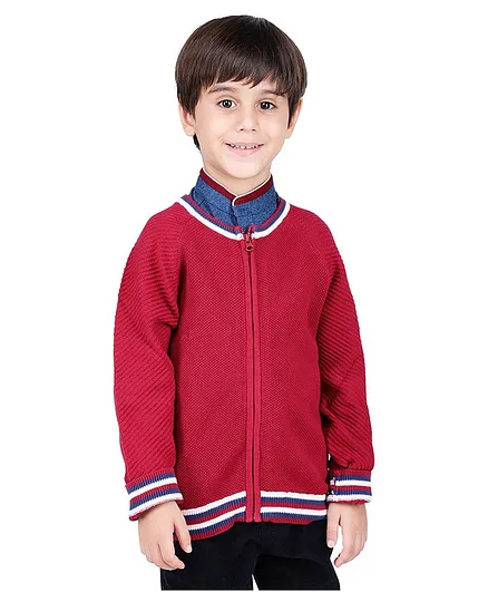 One Friday Front Zip Full Sleeves Sweater - Red