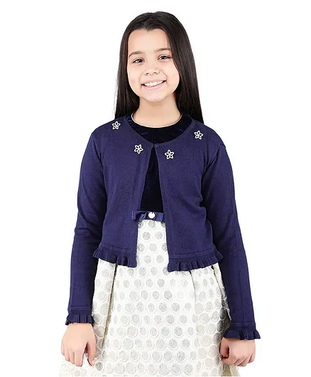 One Friday Flower Decorated Full Sleeves Sweater - Blue