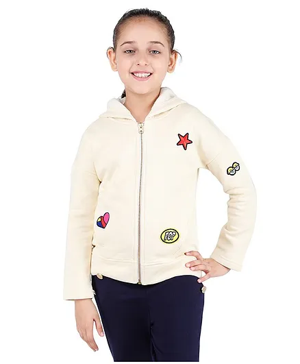 One Friday Star Patch Full Sleeves Hooded Jacket - Cream