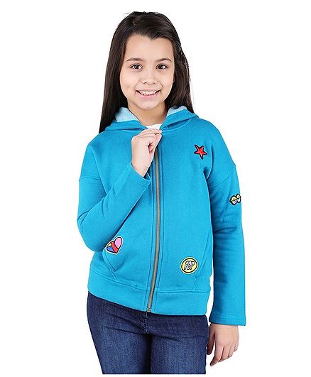 One Friday Star Patch Full Sleeves Hooded Jacket - Blue