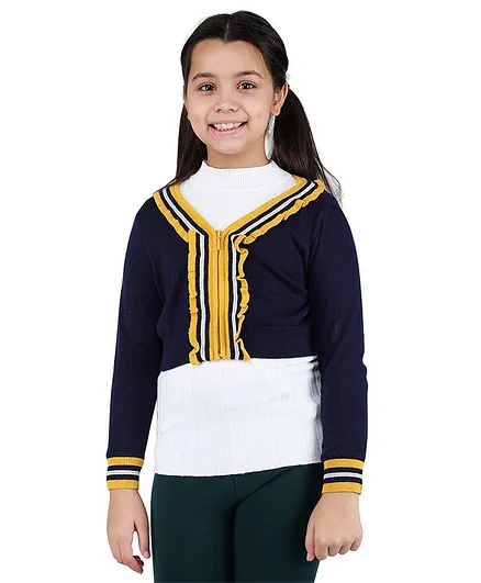 One Friday Striped Front Panel Full Sleeves Cardigan - Navy Blue