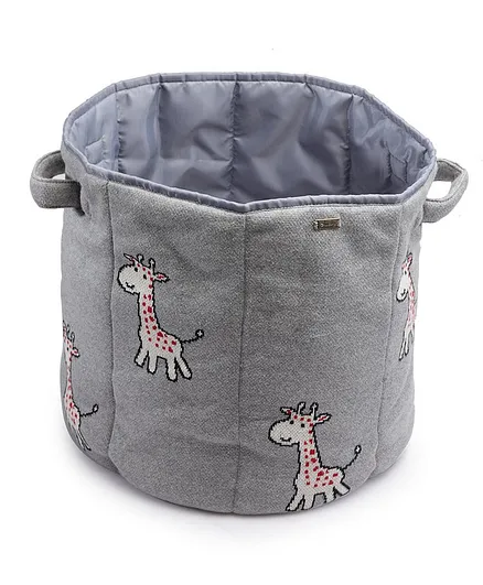 Pluchi Happy Giraffe Print Cotton Knitted Large Kids Basket - Grey