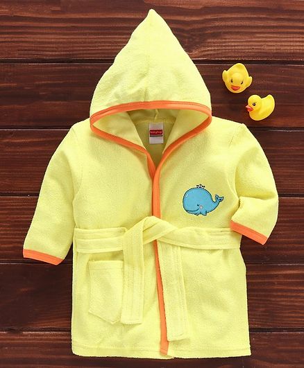 Babyhug Three Fourth Sleeves Hooded Bathrobe Whale Embroidery - Yellow
