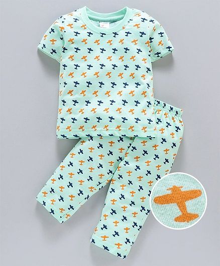 Tango Half Sleeves Night Suit Aeroplane Print - Mint Green