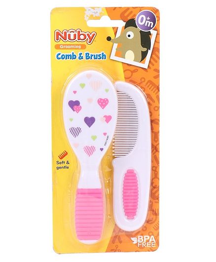 Nuby Comb & Brush Set Heart Print - Pink & White