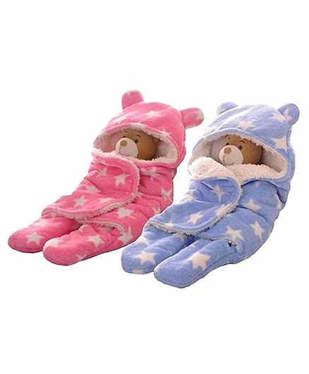 Zoe Double Layer Hooded Wearable Blankets Star Print Pack of 2 - Pink & Blue