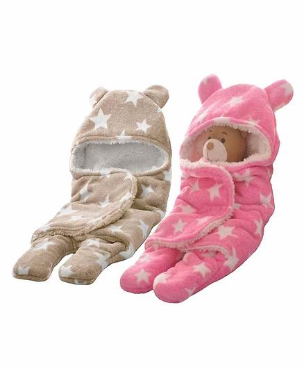 Zoe Double Layer Hooded Wearable Blankets Star Print Pack of 2 - Pink & Beige