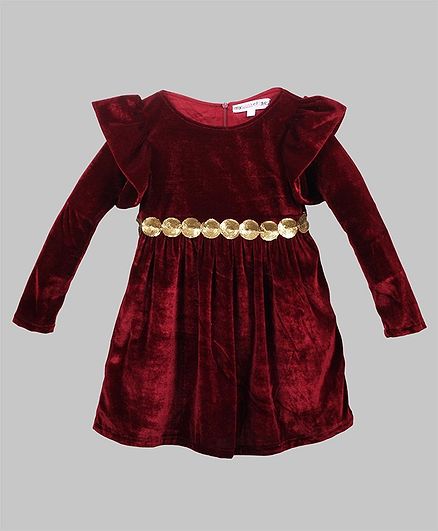 My Pink Closet Full Sleeves Golden Sequin Embellished Belt Detailed Velvet Dress - Maroon