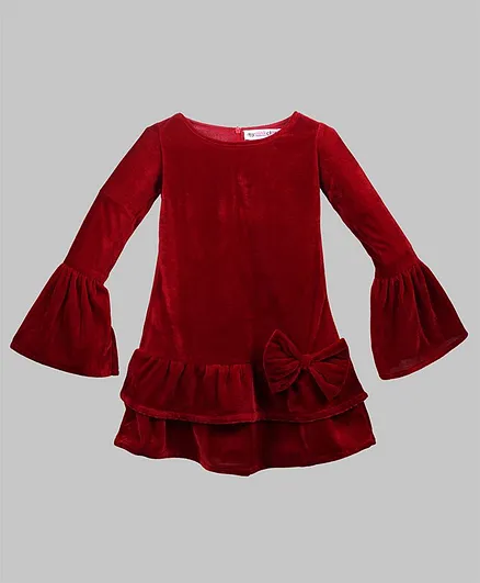 My Pink Closet Full Sleeves Solid Bow Detailed Frill Velvet Dress - Red