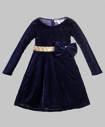 My Pink Closet Full Sleeves Big Bow Applique Velvet Dress - Navy Blue