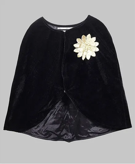 My Pink Closet Full Sleeves Flower Detailed Velvet Poncho - Black