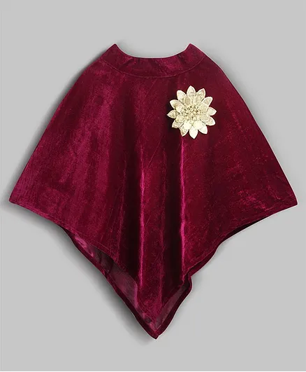 My Pink Closet Full Sleeves Flower Detailed Velvet Poncho - Maroon