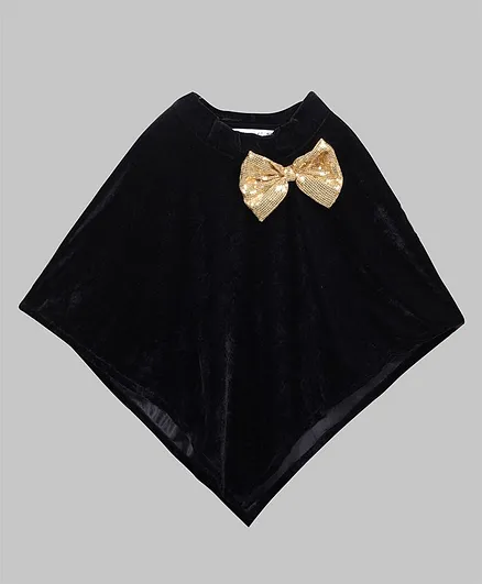 My Pink Closet Full Sleeves Sequin Bow Detailed Velvet Poncho - Black