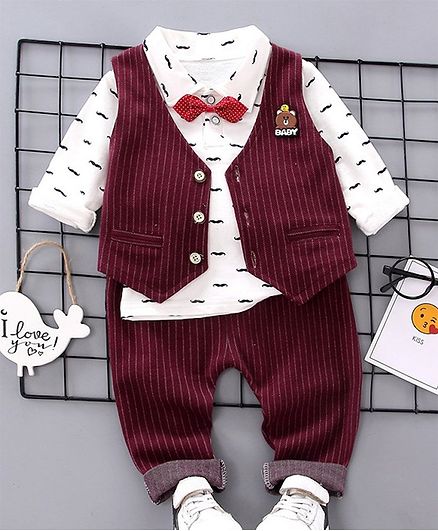 Awabox Moustache Printed Full Sleeves Shirt With Waistcoat & Pants - Maroon