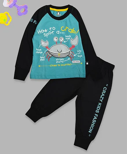 Crazy Penguin Raglan Full Sleeves Crab Printed Tee & Bottoms Set - Blue