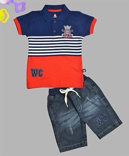 Crazy Penguin Half Sleeves Striped Tee & Denim Shorts Set - Blue