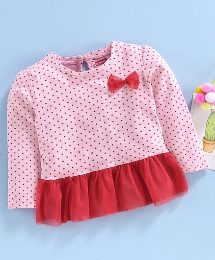 Babyhug Full Sleeves Tee Bow Motif & Net Frills - Pink