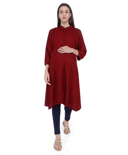 MomToBe Solid Three Fourth Sleeves Maternity & Feeding Kurti - Maroon