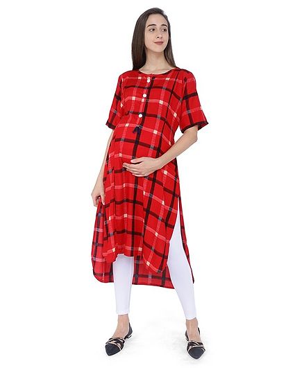 MomToBe Checked Three Fourth Sleeves Maternity & Feeding Kurti - Red