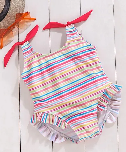 Babyhug V Cut Swim Suit Stripe Print - Pink