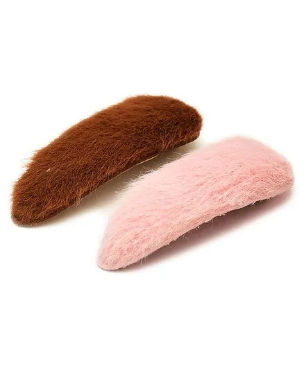 Funkrafts Set Of Two Faux Fur Hair Clips - Brown Light Pink