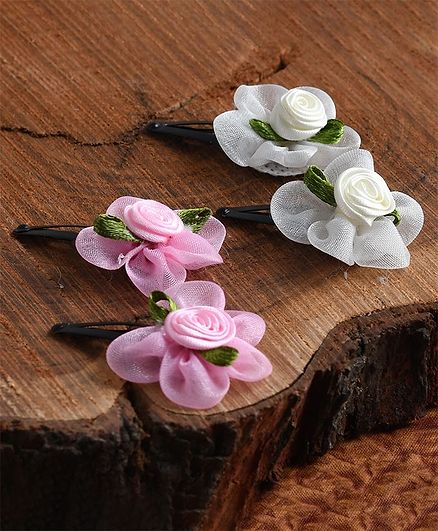 Funkrafts Rose Flower Detailed Set Of 4 Hair Clips - Pink & White