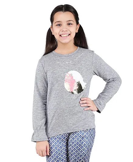 One Friday Full Sleeves Quote Print Sequin Embellished Tee - Grey