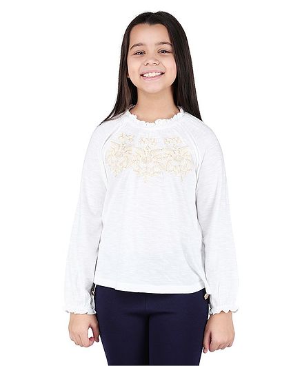 One Friday Full Sleeves Floral Embroidered Top - White