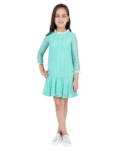 One Friday Full Sleeves Lace Work Dress - Green