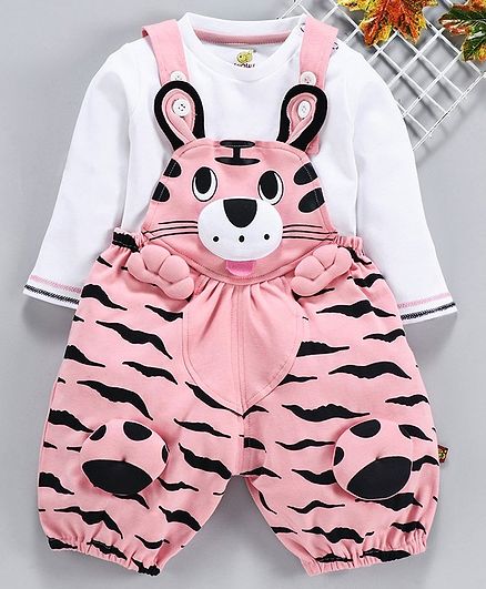 Wow Clothes Dungaree & Full Sleeves Tee 3D Tiger Design - Peach