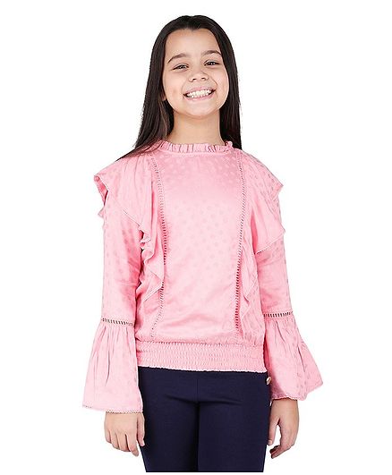 One Friday Full Sleeves Self Design Ruffled Top - Pink