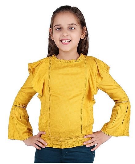 One Friday Full Sleeves Self Design Ruffled Top - Yellow