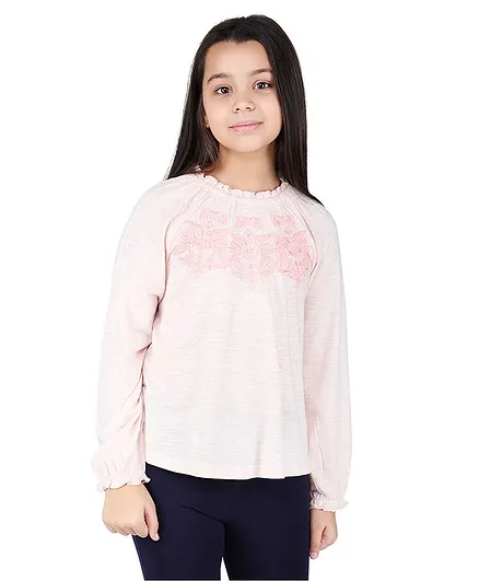 One Friday Full Sleeves Motif Embroidered Frill Top - Baby Pink