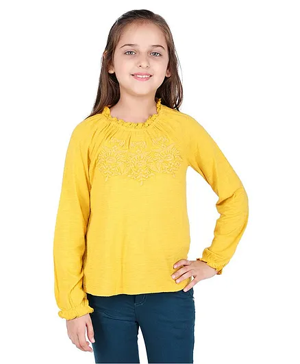One Friday Full Sleeves Motif Embroidered Frill Top - Yellow