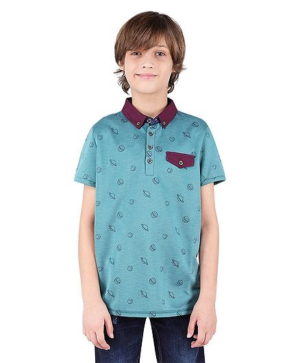 One Friday Half Sleeves Planet Printed Tee - Light Blue