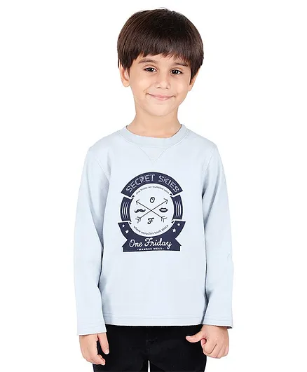 One Friday Full Sleeves Secret Skies Printed Tee - Light Blue