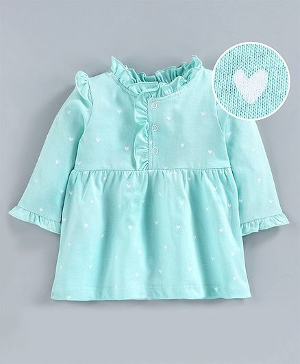 Zero Full Sleeves Frock Heart Print - Sea Green