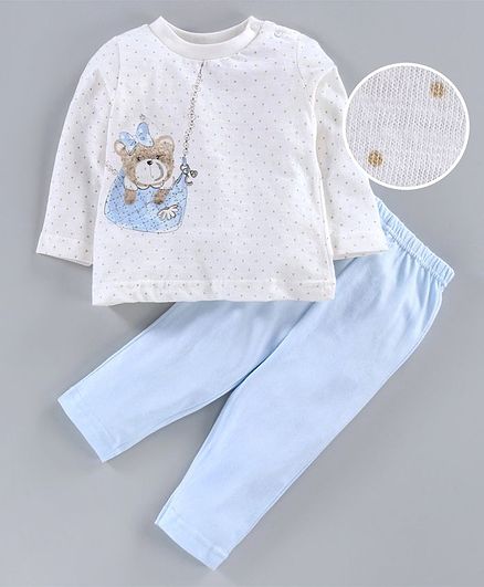 Zero Full Sleeves Night Suit Bear Print - White Sky Blue