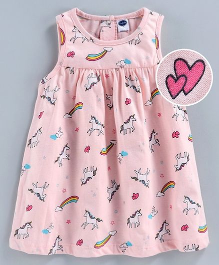 Teddy Sleeveless Frock Heart Print - Pink
