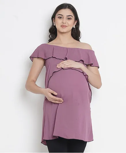 Mine4Nine Solid Short Sleeves Maternity Top - Purple